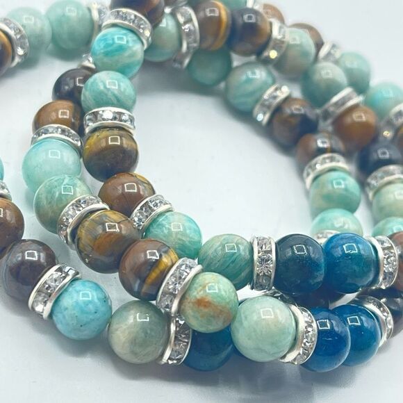 Rhinestone crystal Amazonite beaded stretch bracelet tigers eye apatite ONE NEW - Picture 5 of 8